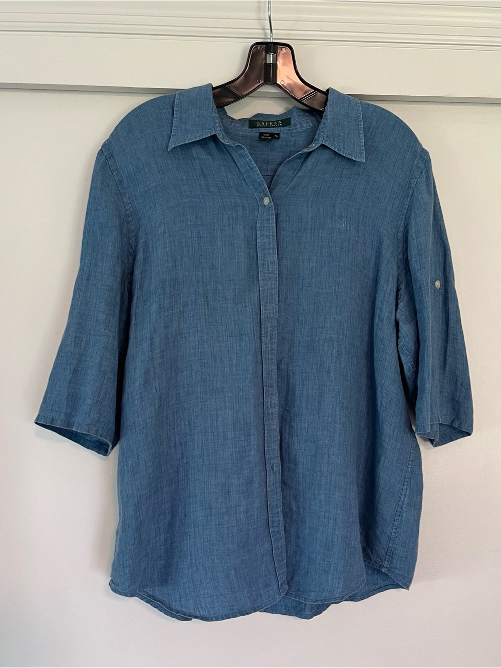 Lauren Ralph Lauren 100% Linen Blue Button Down Shirt Top XL
